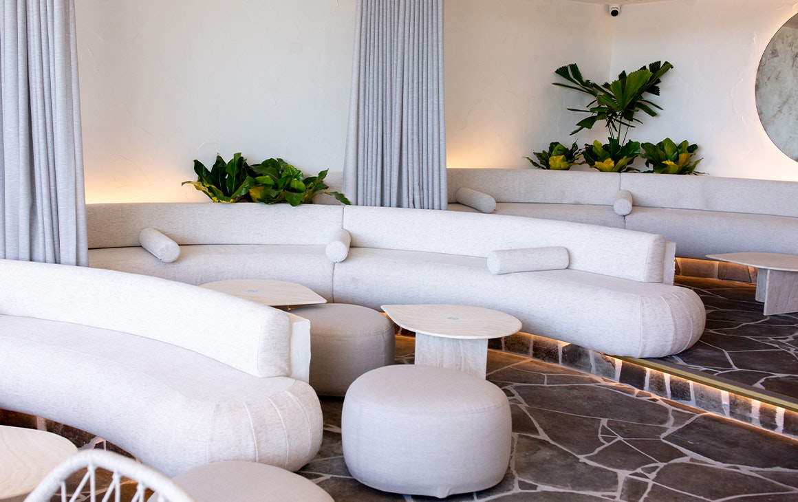 white bar couches at opa